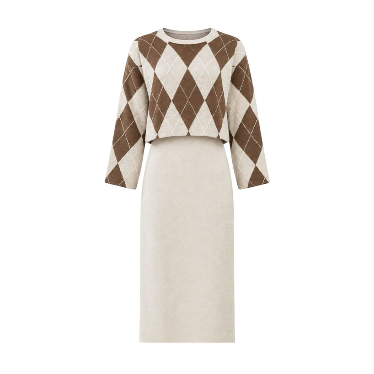 Dress with Jumper / knitwear/ Beige-Brown