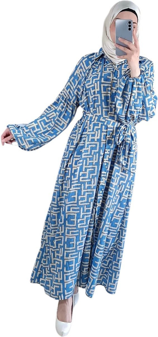 Blue & White Dress with Geometric Print