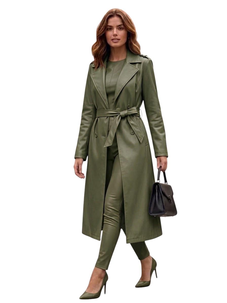Leather Trench Coat/ Olive -Khaki
