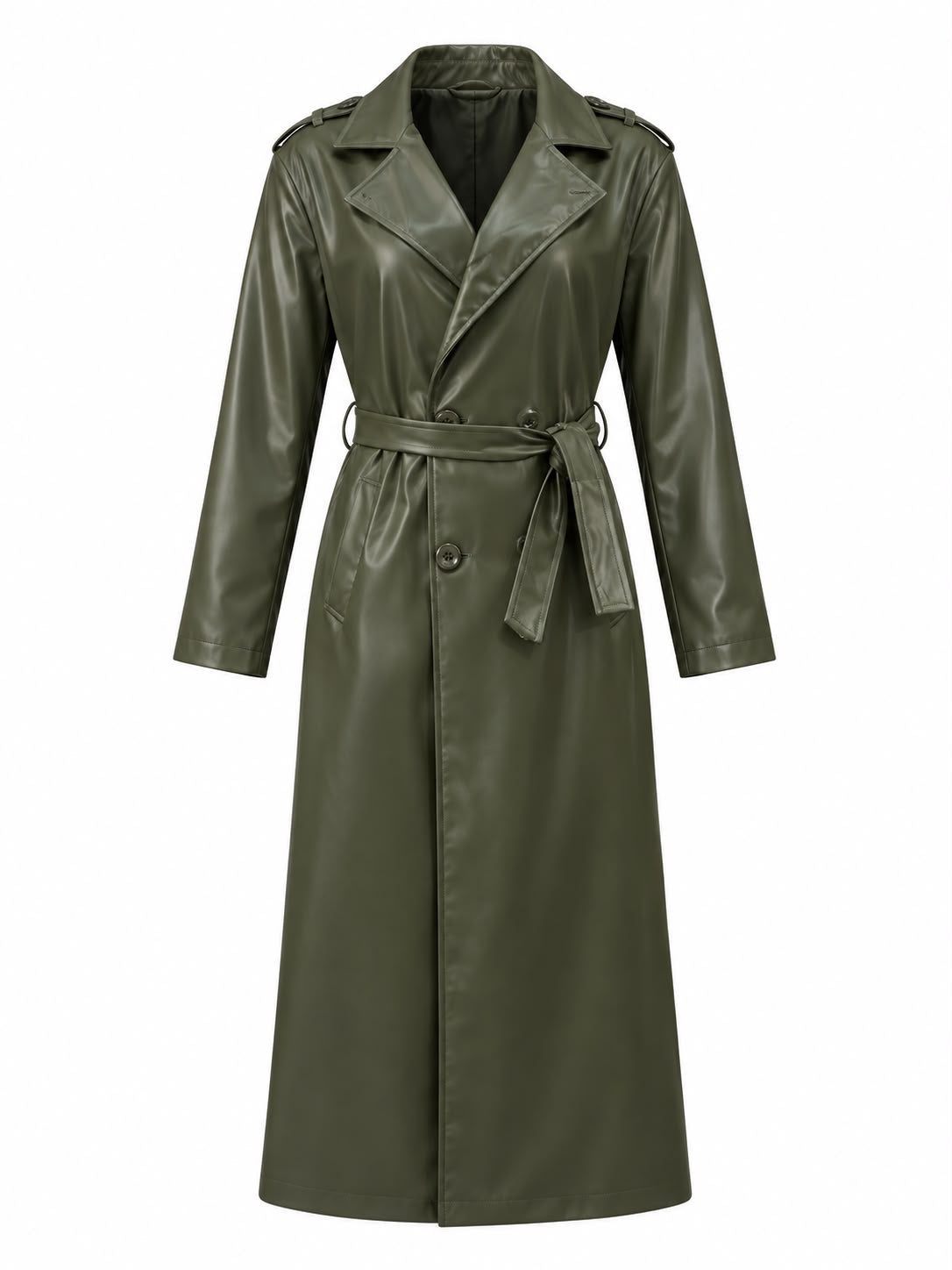 Leather Trench Coat/ Olive -Khaki