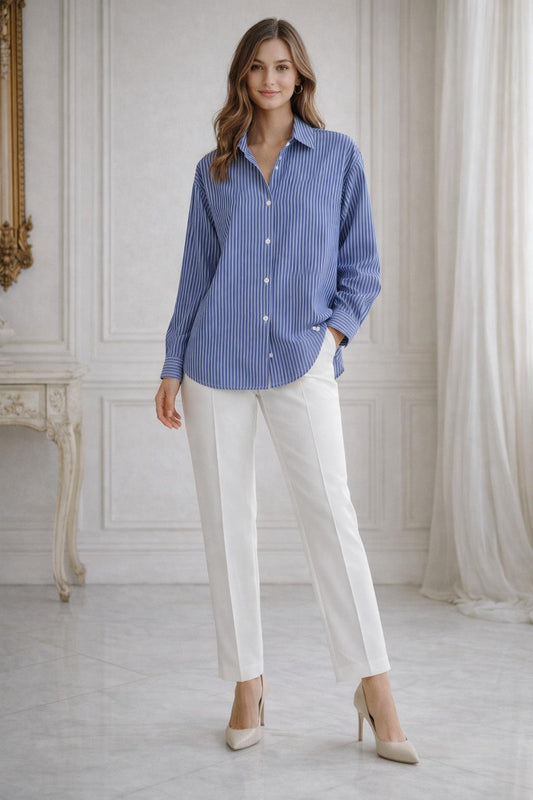 Striped shirt with white trousers business casual outfit